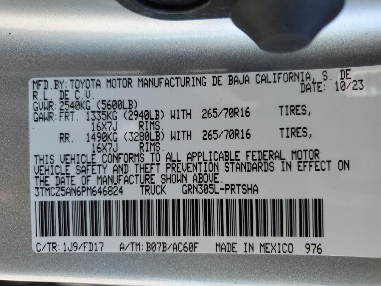 2023 TOYOTA TACOMA DOUBLE CAB VIN:3TMCZ5AN6PM646824