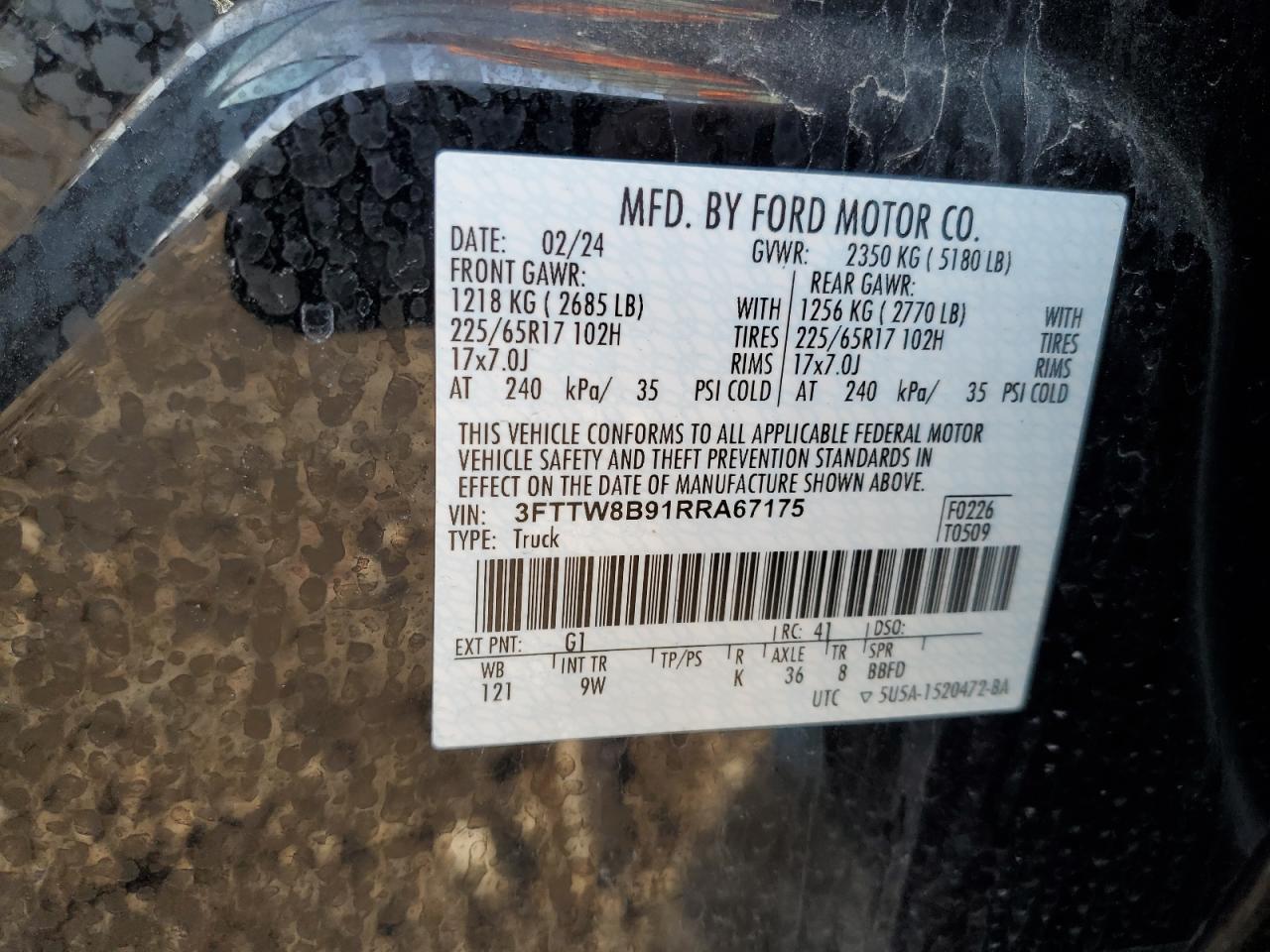 2024 FORD MAVERICK XL VIN:3FTTW8B91RRA67175