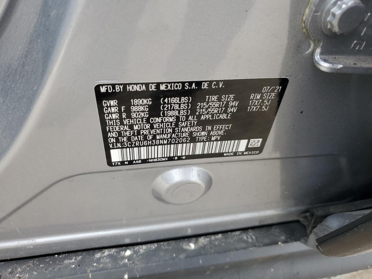 2022 HONDA HR-V LX VIN:3CZRU6H38NM702062