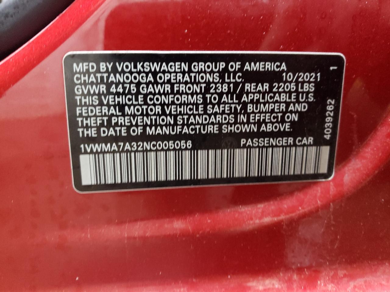 2022 VOLKSWAGEN PASSAT R-LINE VIN:1VWMA7A32NC005056