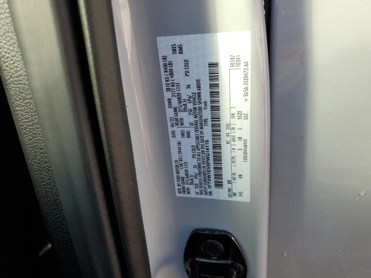 2023 FORD F150 LIGHTNING PRO VIN:1FTVW1EV0PWG14116
