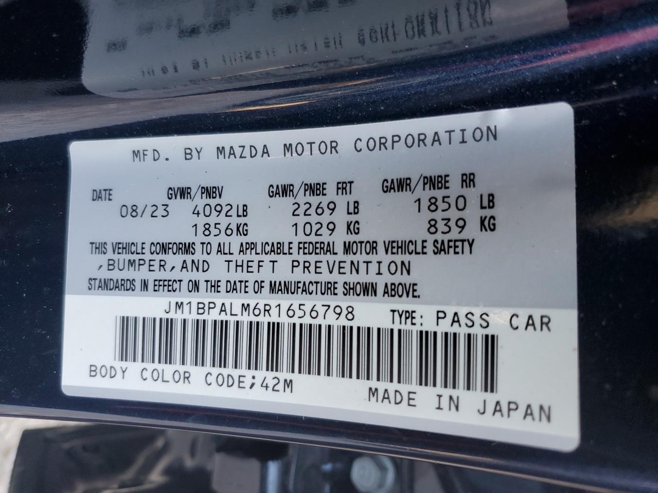 2024 MAZDA 3 PREFERRED VIN:JM1BPALM6R1656798