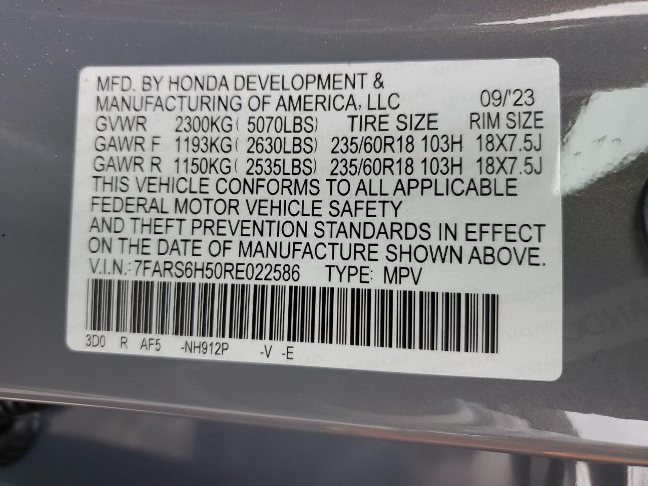 2024 HONDA CR-V SPORT VIN:7FARS6H50RE022586