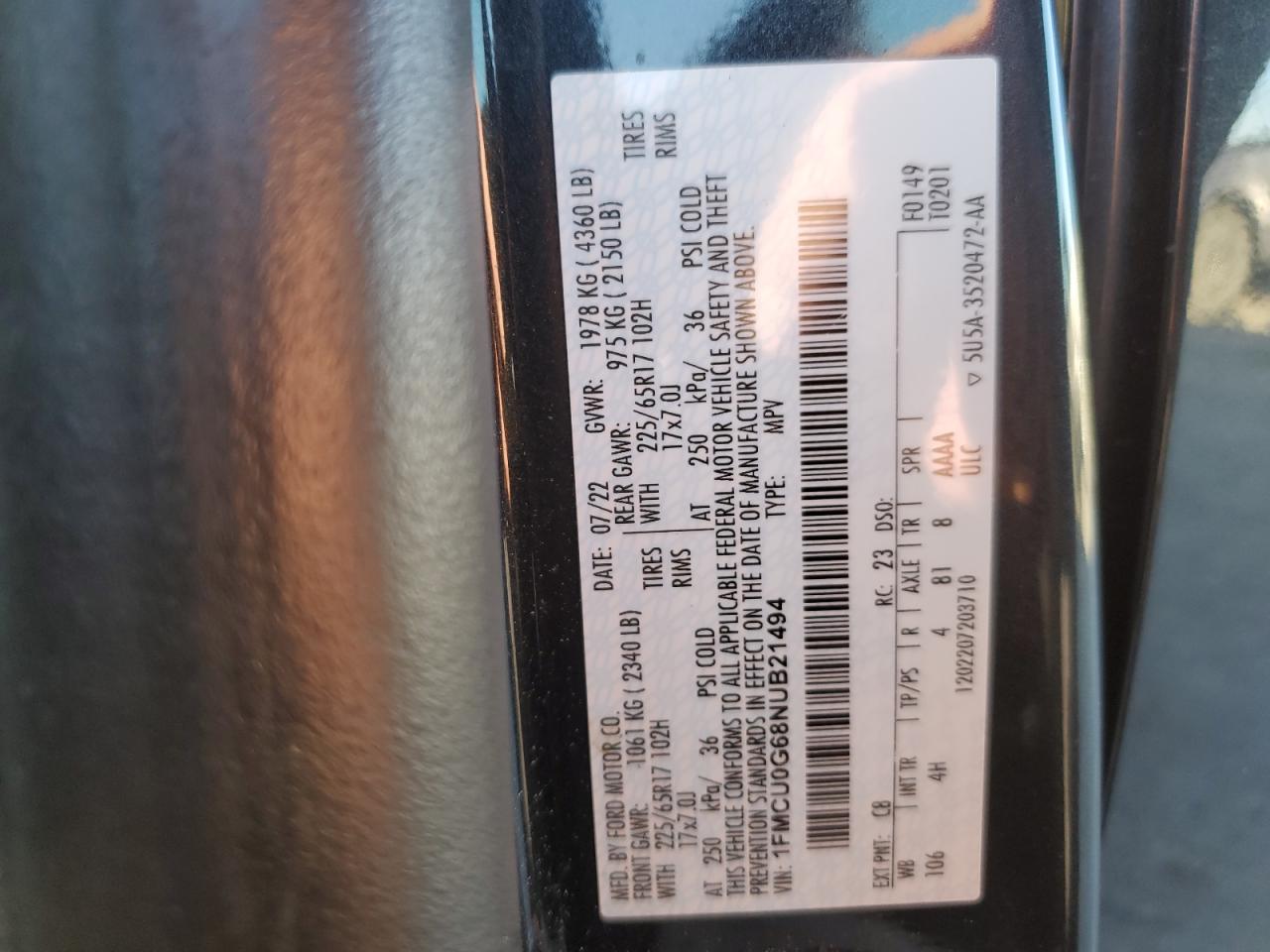 2022 FORD ESCAPE SE VIN:1FMCU0G68NUB21494