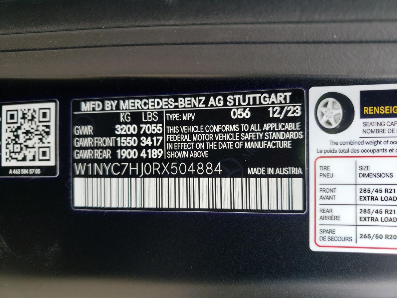 2024 MERCEDES-BENZ G 63 AMG VIN:W1NYC7HJ0RX504884