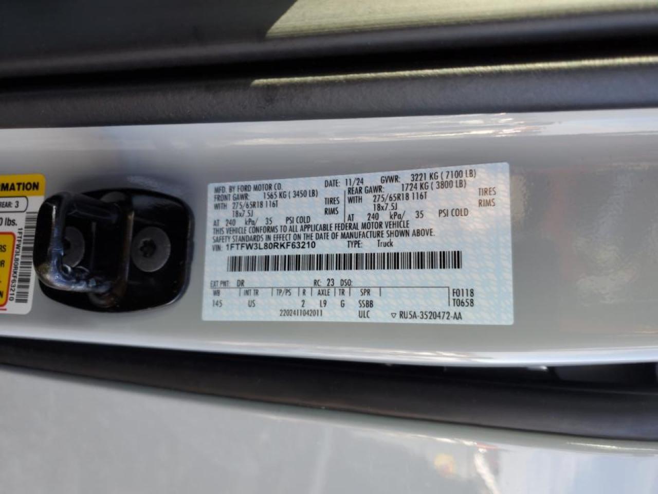 2024 FORD F150 XLT VIN:1FTFW3L80RKF63210