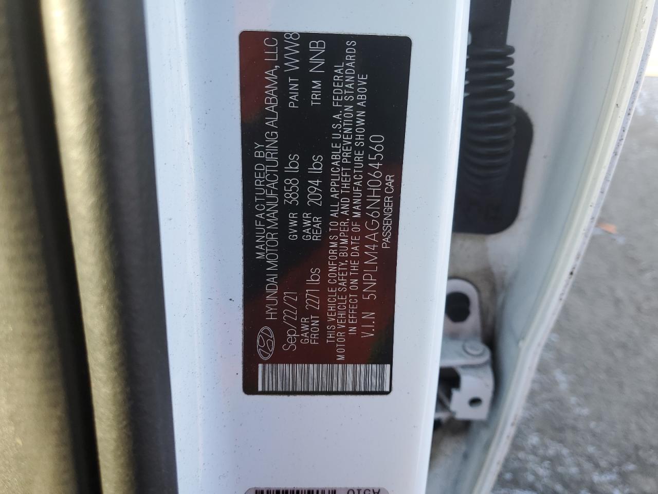 2022 HYUNDAI ELANTRA SEL VIN:5NPLM4AG6NH064560