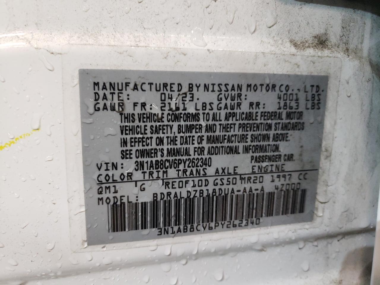 2023 NISSAN SENTRA SV VIN:3N1AB8CV6PY262340