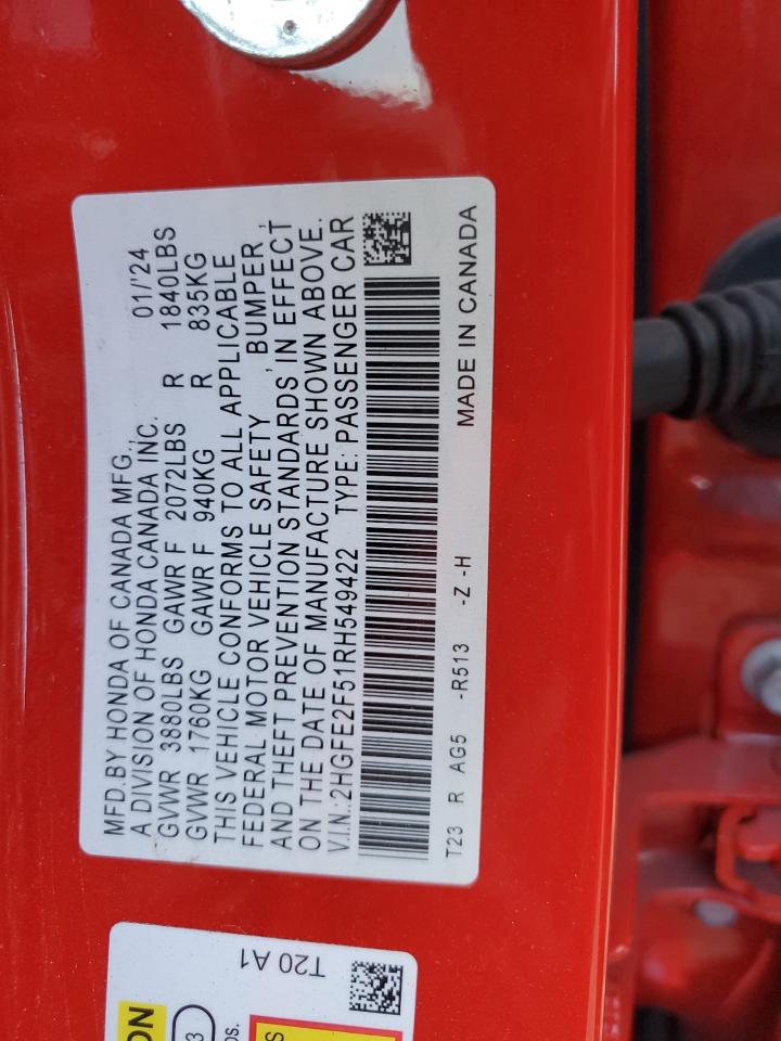 2024 HONDA CIVIC SPORT VIN:2HGFE2F51RH549422