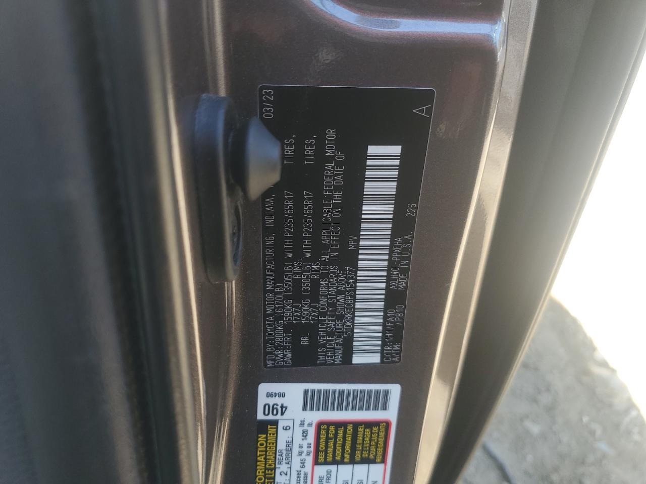 2023 TOYOTA SIENNA LE VIN:5TDKRKEC8PS154377