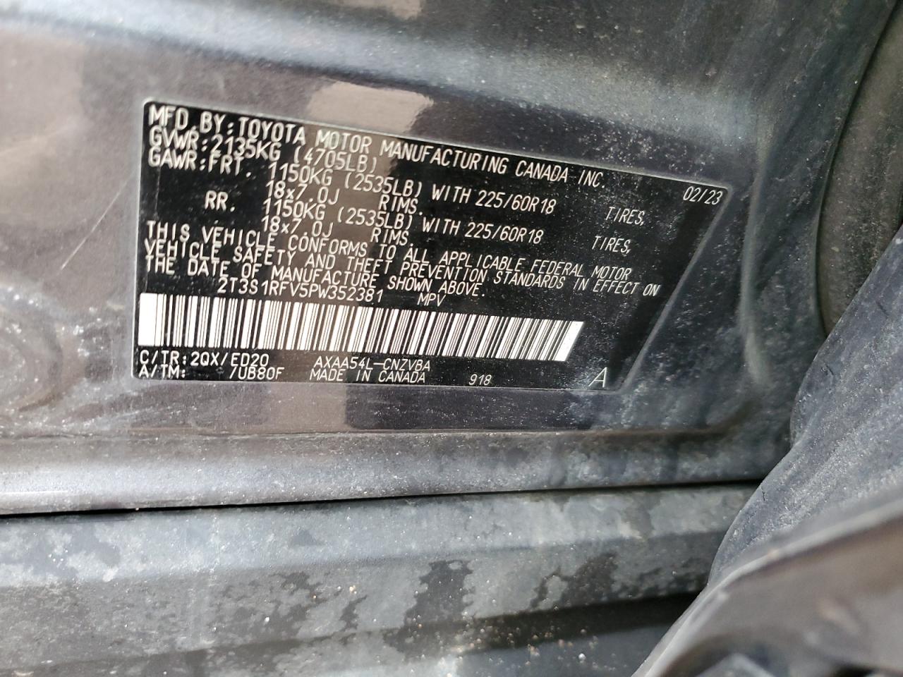 2023 TOYOTA RAV4 TRD OFF ROAD VIN:2T3S1RFV5PW352381