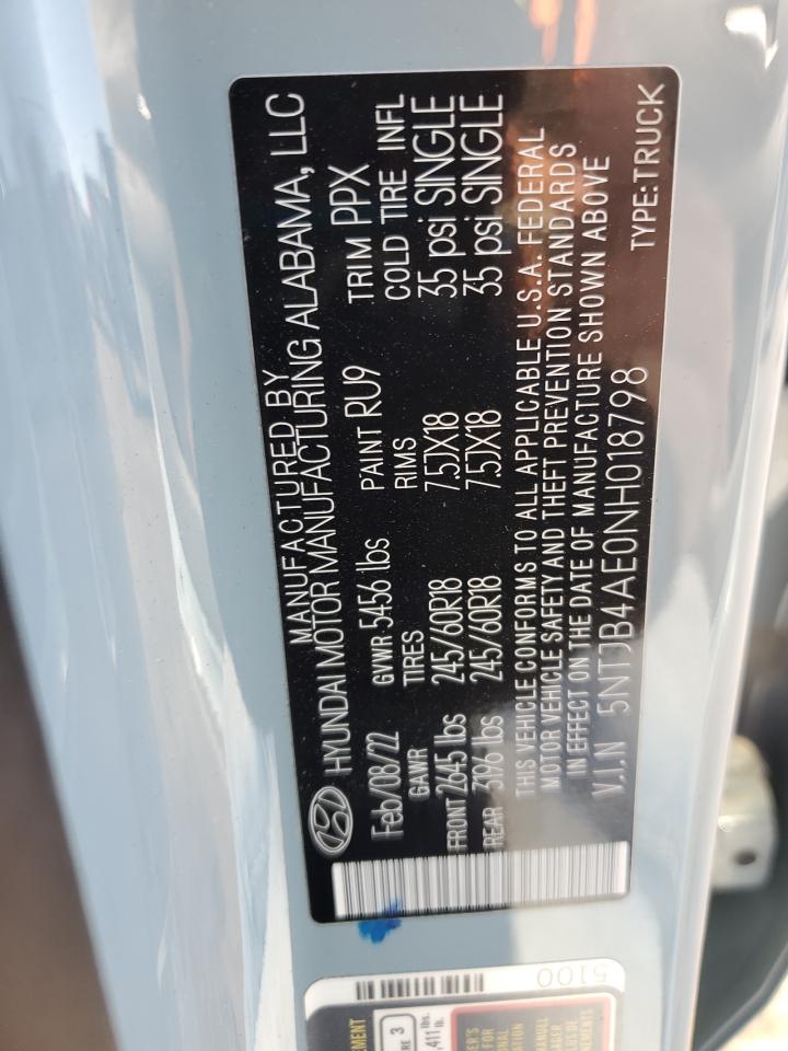 2022 HYUNDAI SANTA CRUZ SEL VIN:5NTJB4AE0NH018798
