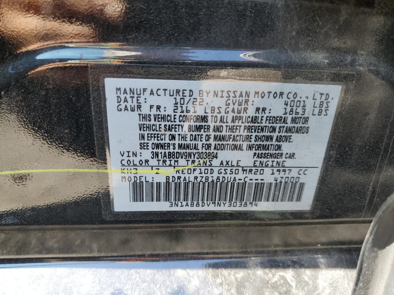 2022 NISSAN SENTRA SR VIN:3N1AB8DV9NY303894