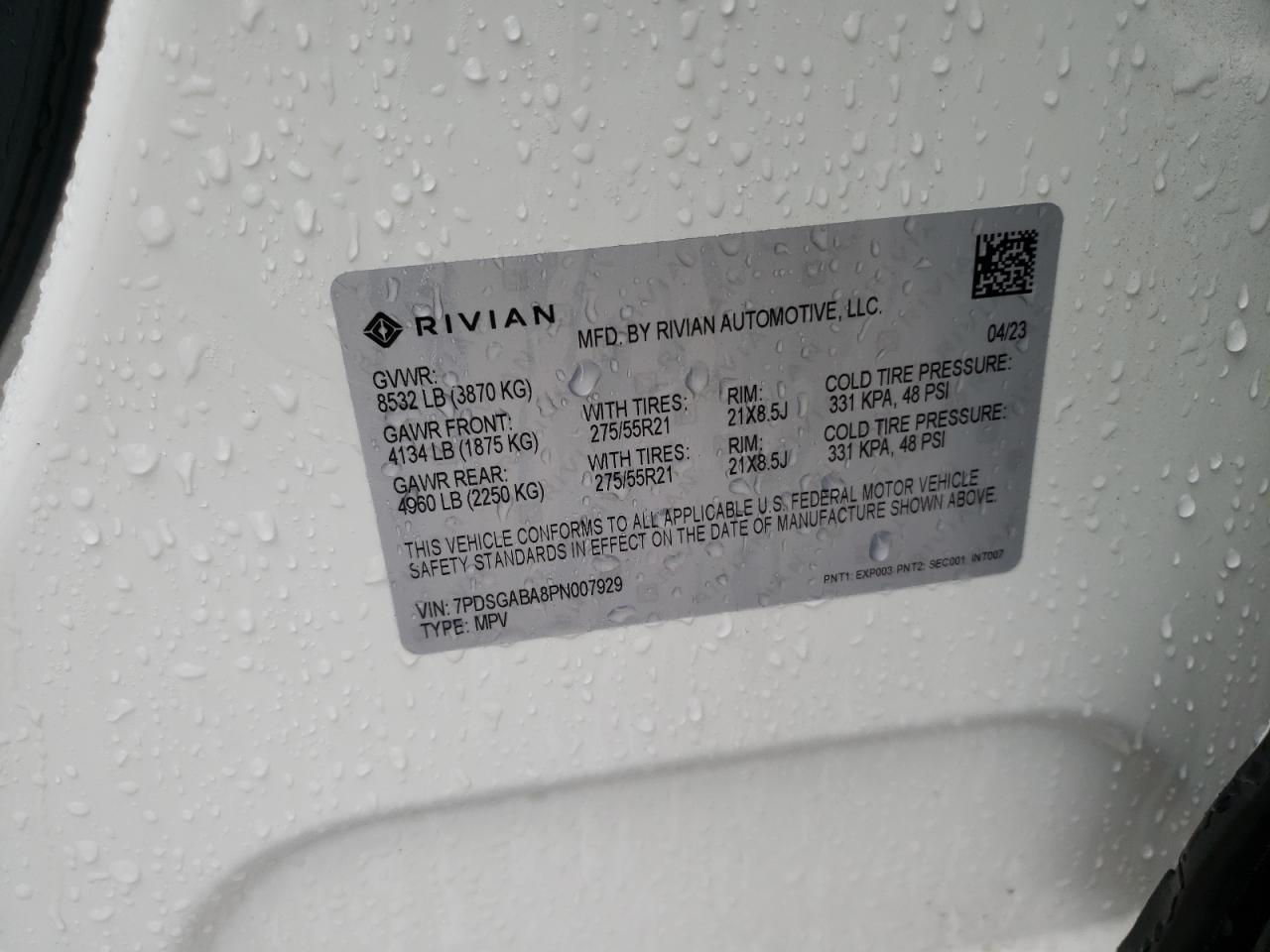 2023 RIVIAN R1S ADVENTURE VIN:7PDSGABA8PN007929