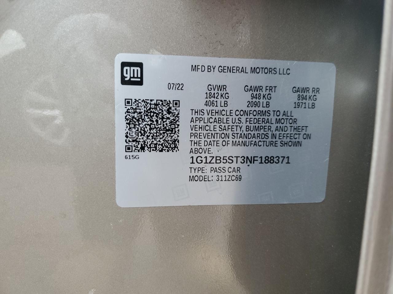 2022 CHEVROLET MALIBU LS VIN:1G1ZB5ST3NF188371