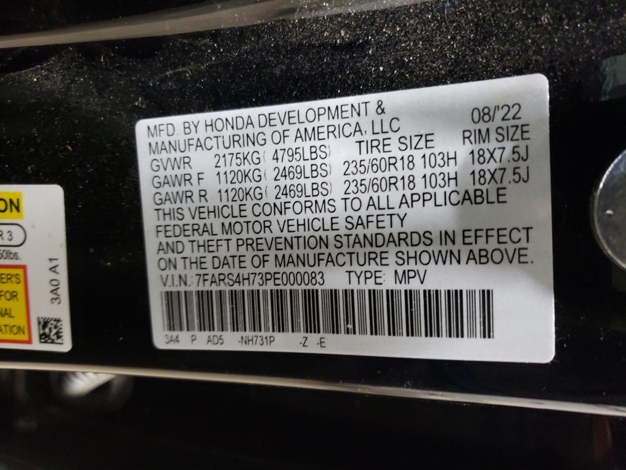 2023 HONDA CR-V EXL VIN:7FARS4H73PE000083