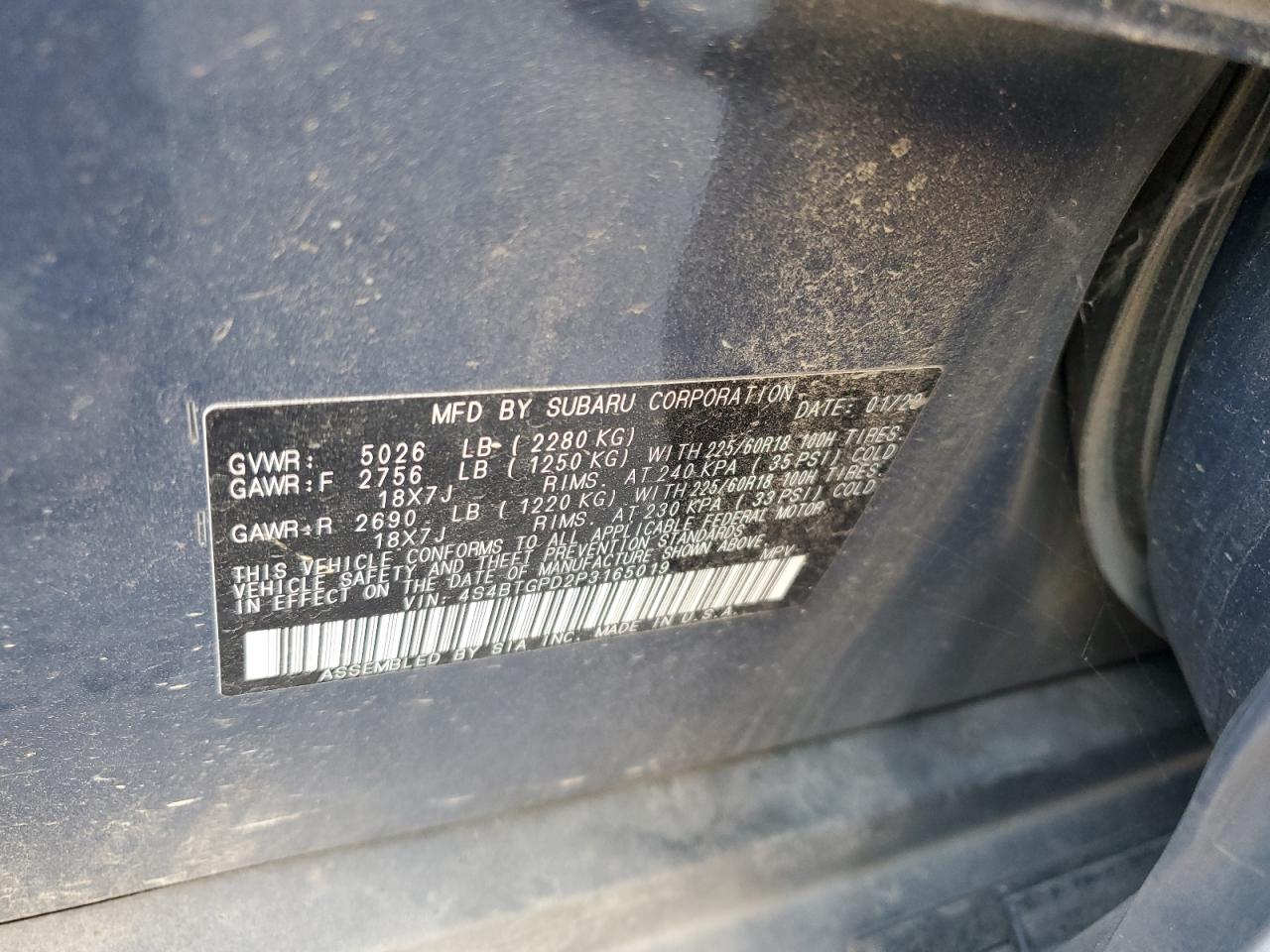 2023 SUBARU OUTBACK TOURING VIN:4S4BTGPD2P3165019