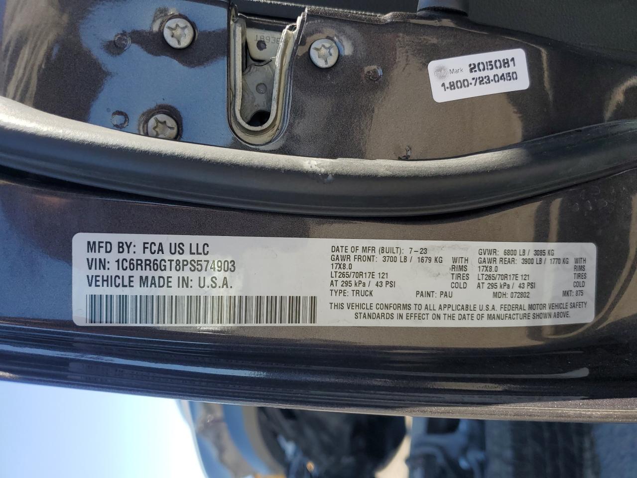2023 RAM 1500 CLASSIC SLT VIN:1C6RR6GT8PS574903
