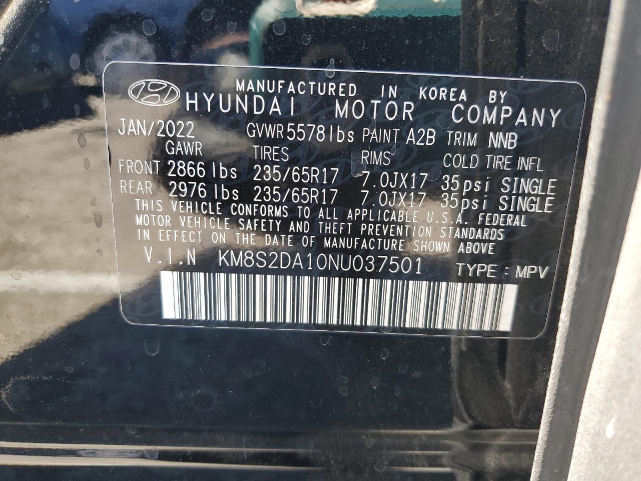 2022 HYUNDAI SANTA FE BLUE VIN:KM8S2DA10NU037501
