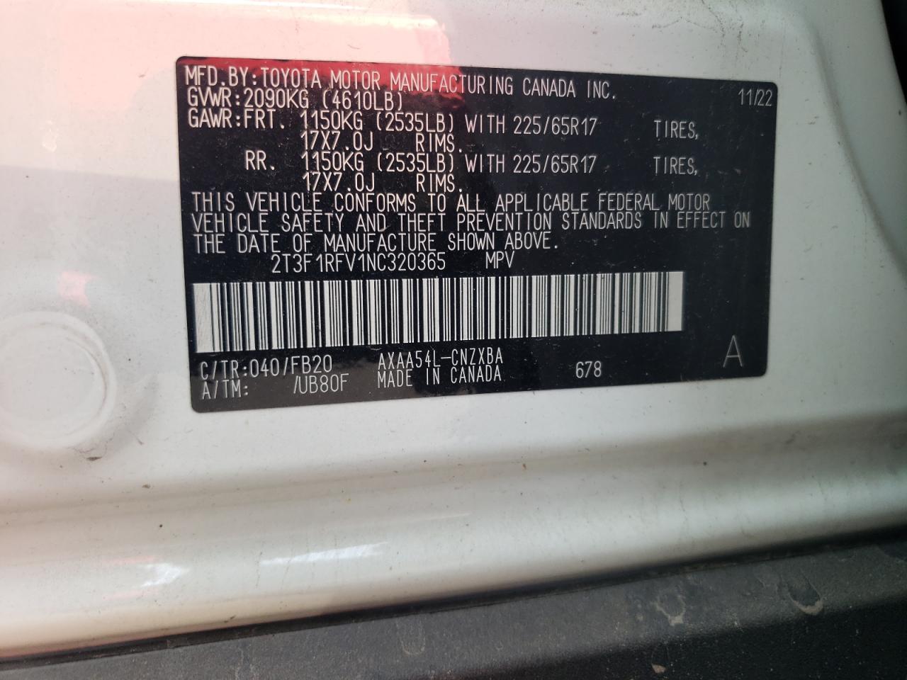 2022 TOYOTA RAV4 LE VIN:2T3F1RFV1NC320365