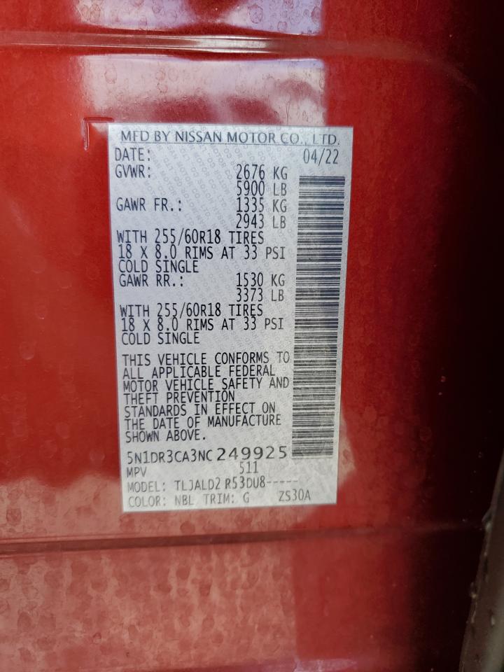 2022 NISSAN PATHFINDER SL VIN:5N1DR3CA3NC249925