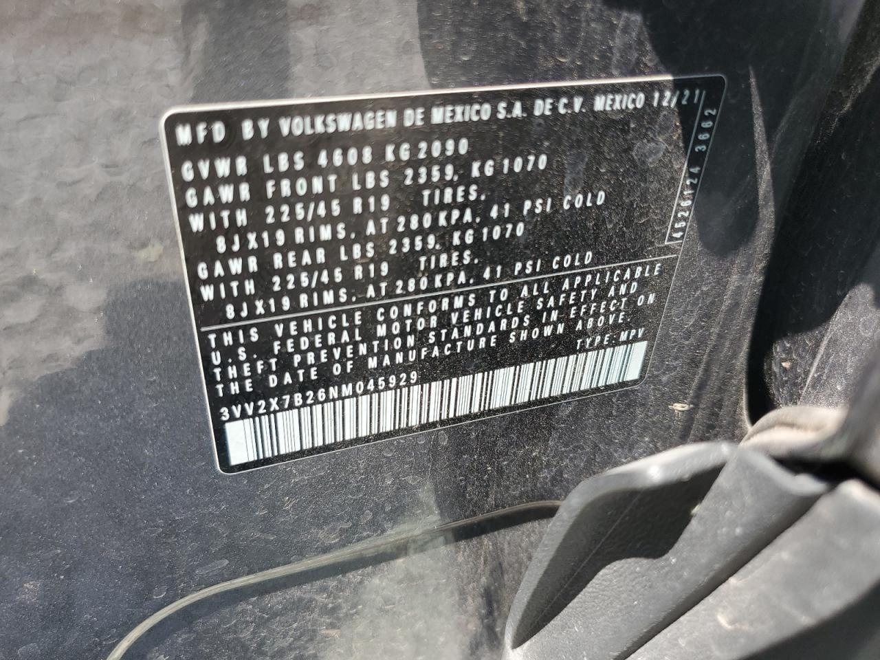 2022 VOLKSWAGEN TAOS SEL VIN:3VV2X7B26NM045929