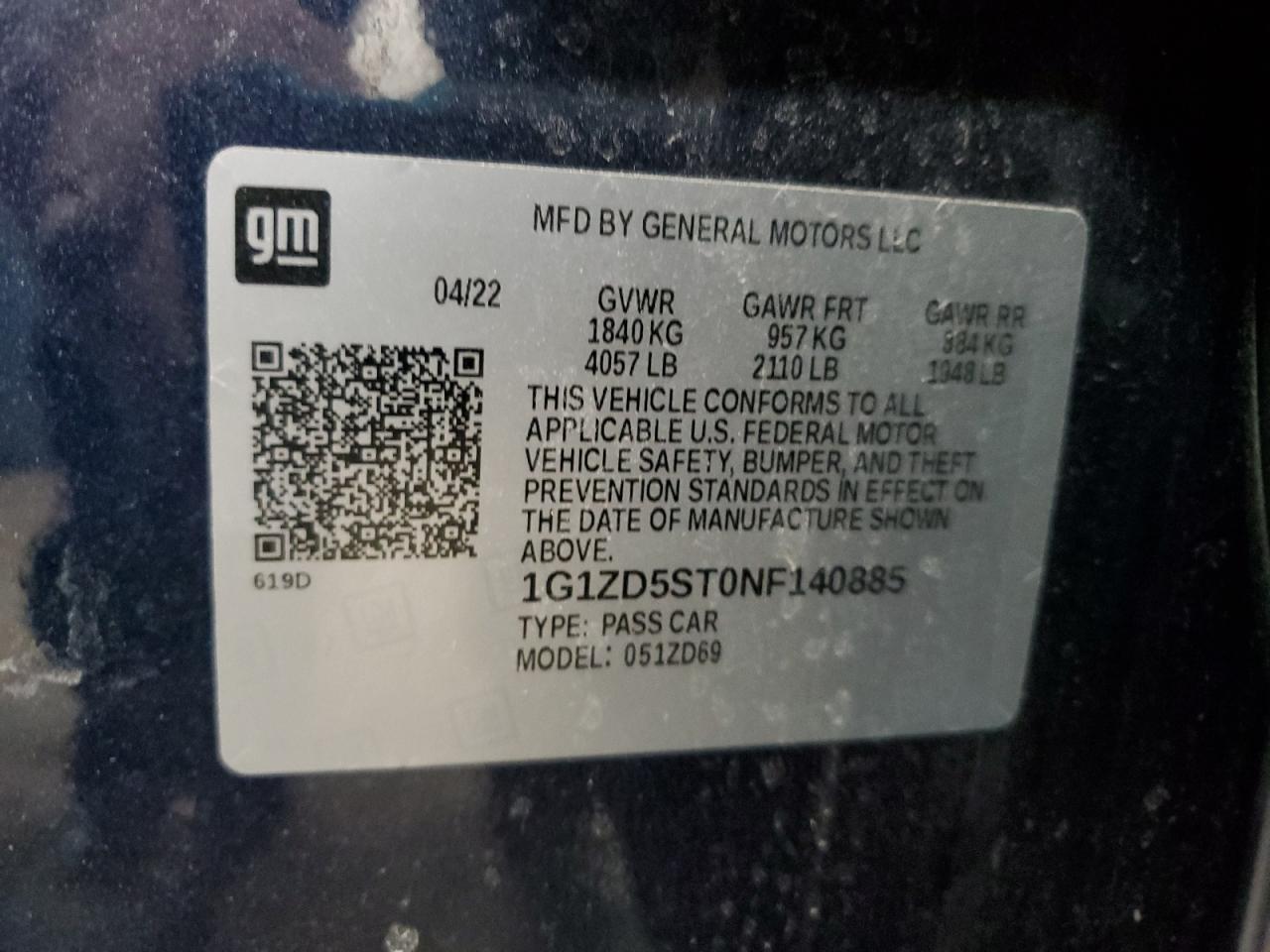 2022 CHEVROLET MALIBU LT VIN:1G1ZD5ST0NF140885