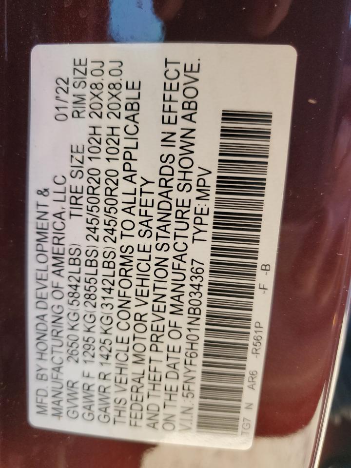 2022 HONDA PILOT ELITE VIN:5FNYF6H01NB034367