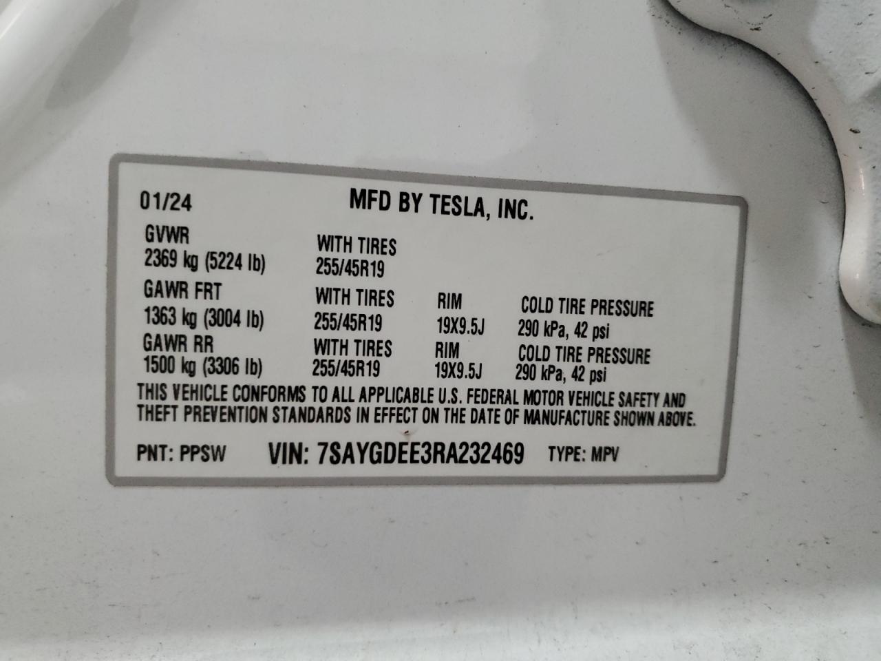 2024 TESLA MODEL Y  VIN:7SAYGDEE3RA232469