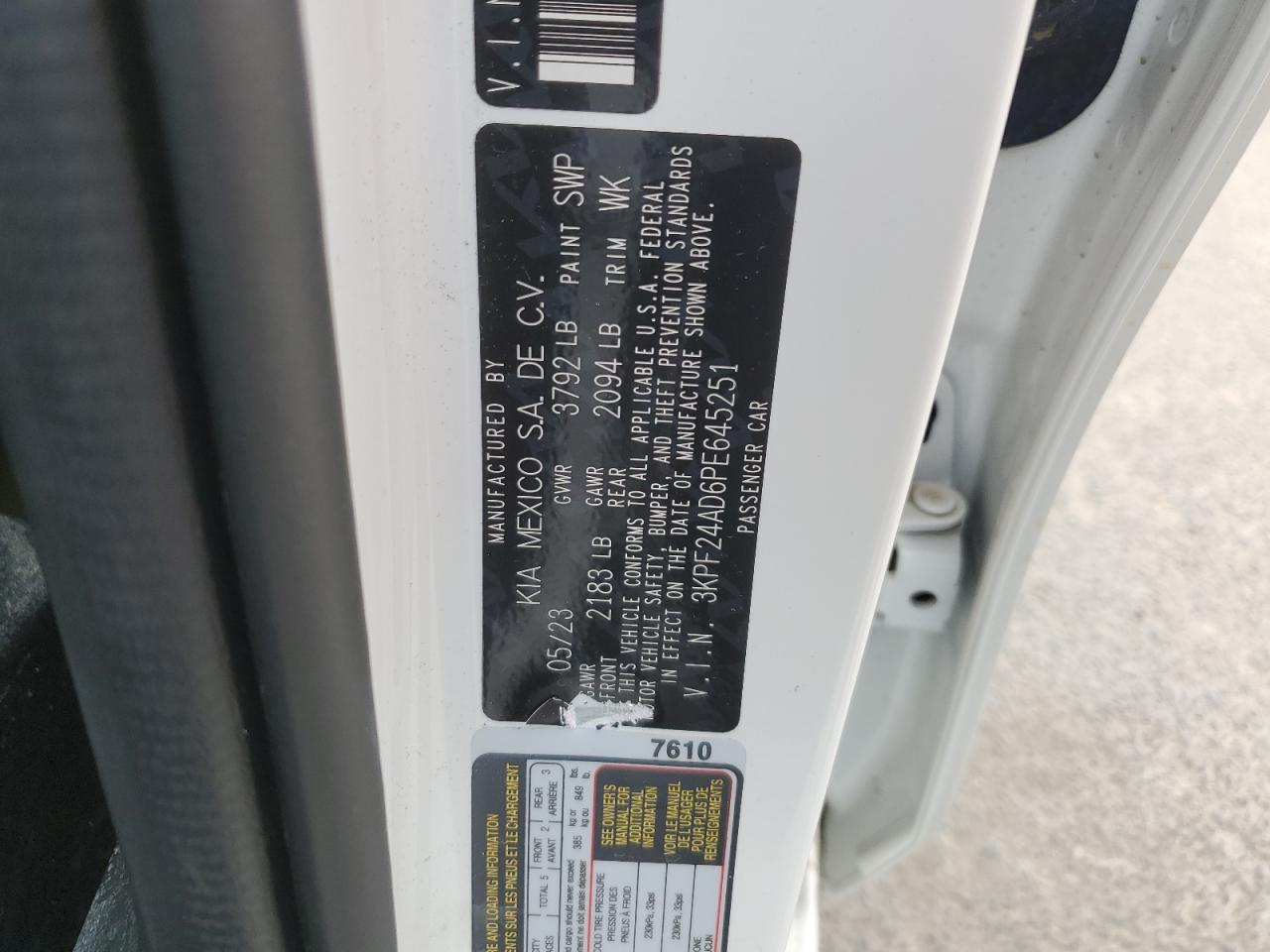 2023 KIA FORTE LX VIN:3KPF24AD6PE645251