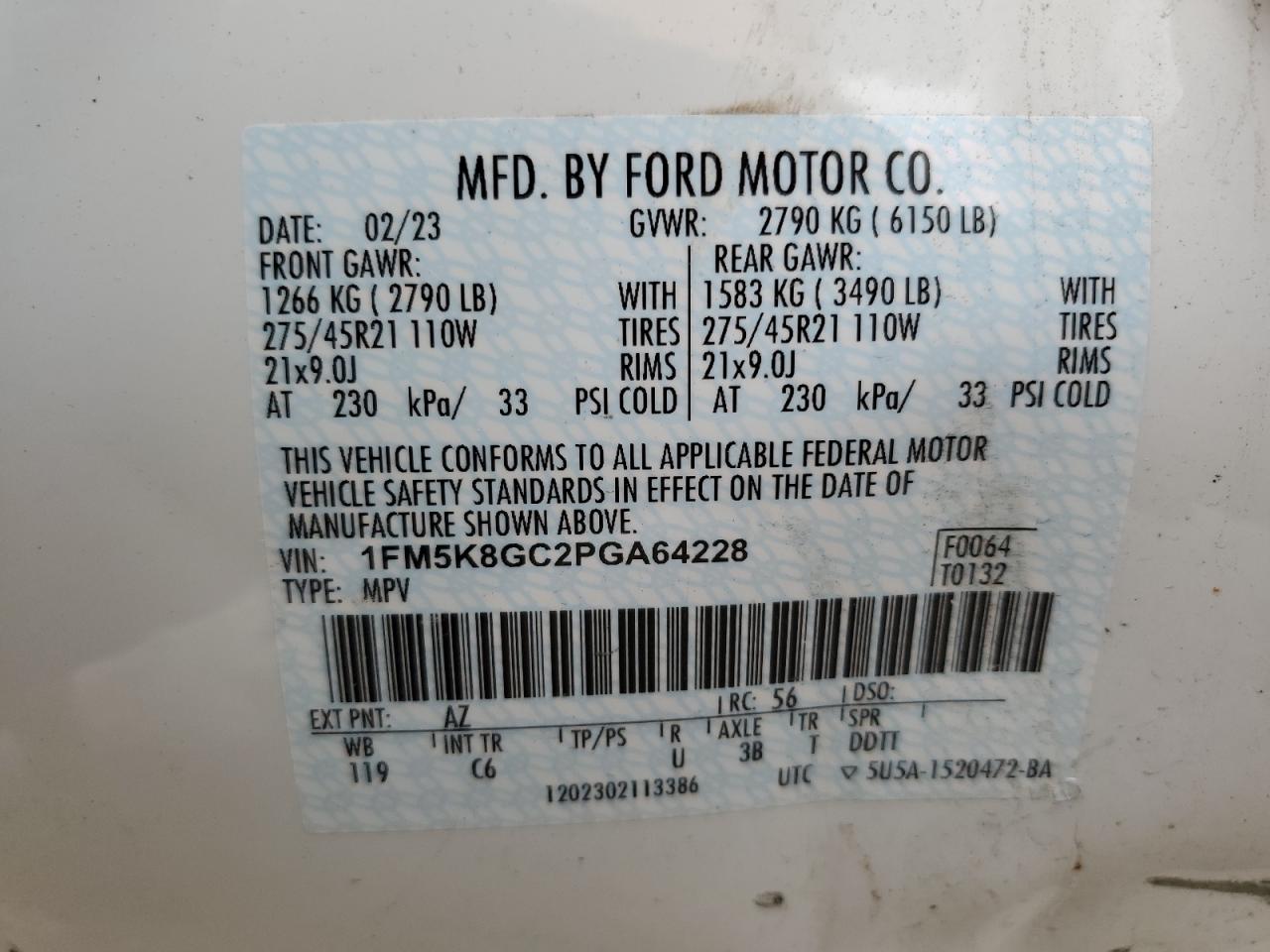 2023 FORD EXPLORER ST VIN:1FM5K8GC2PGA64228