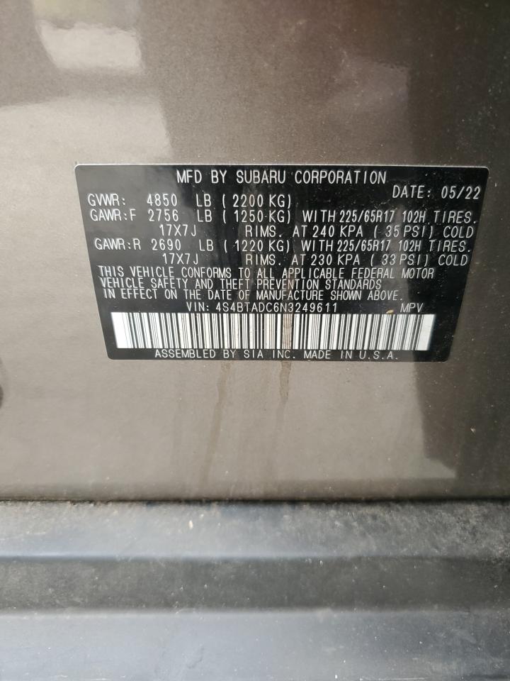 2022 SUBARU OUTBACK PREMIUM VIN:4S4BTADC6N3249611