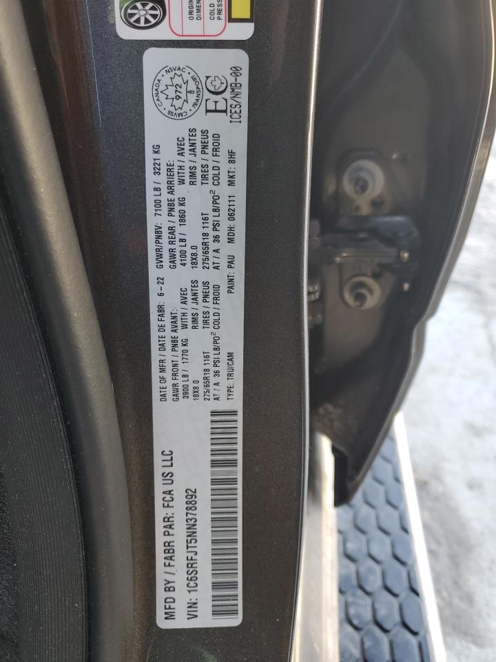 2022 RAM 1500 LARAMIE VIN:1C6SRFJT5NN378892