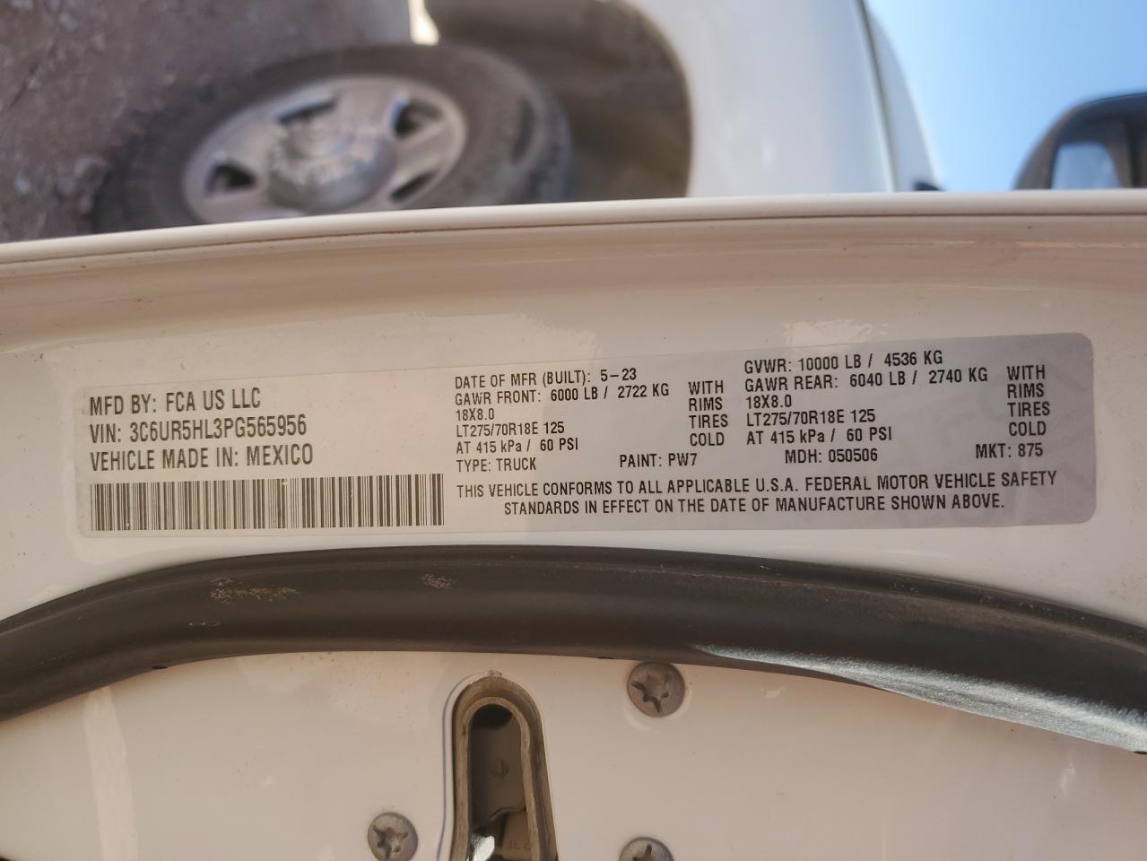 2023 RAM 2500 TRADESMAN VIN:3C6UR5HL3PG565956