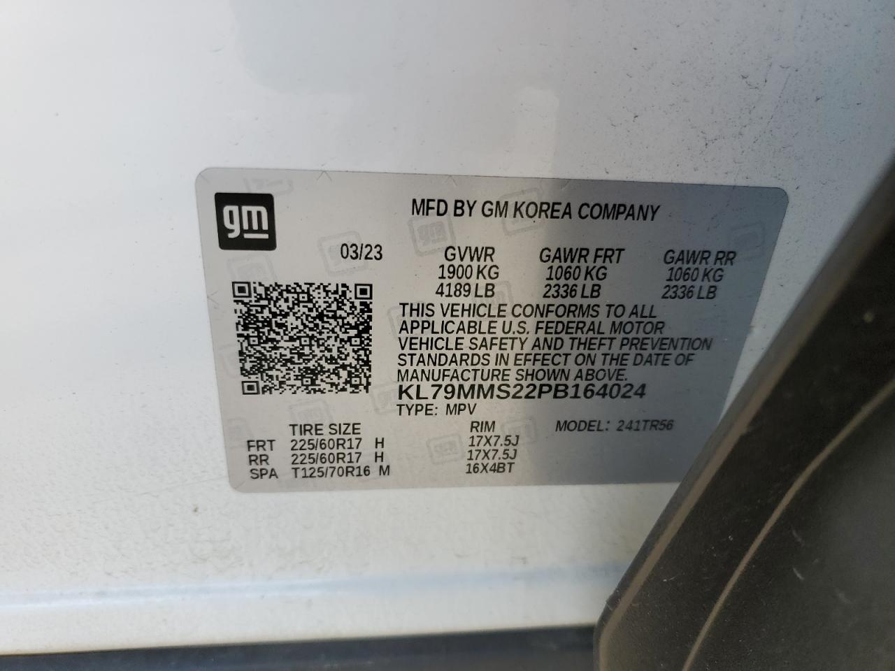 2023 CHEVROLET TRAILBLAZER LS VIN:KL79MMS22PB164024