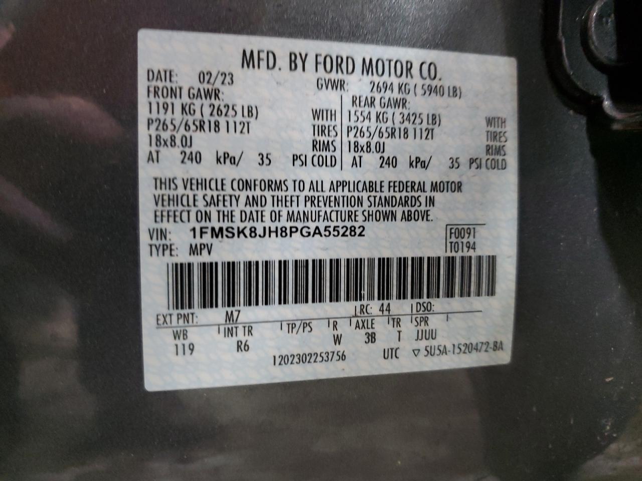 2023 FORD EXPLORER TIMBERLINE VIN:1FMSK8JH8PGA55282