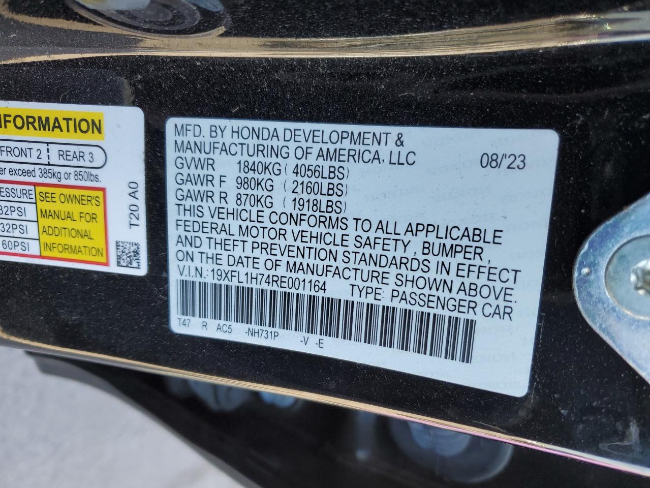 2024 HONDA CIVIC EXL VIN:19XFL1H74RE001164