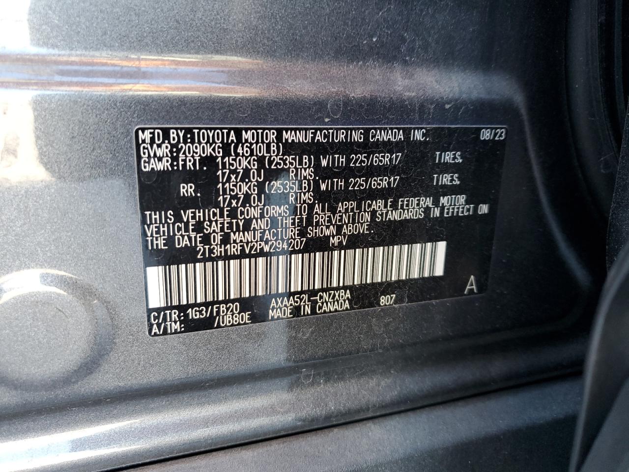 2023 TOYOTA RAV4 LE VIN:2T3H1RFV2PW294207