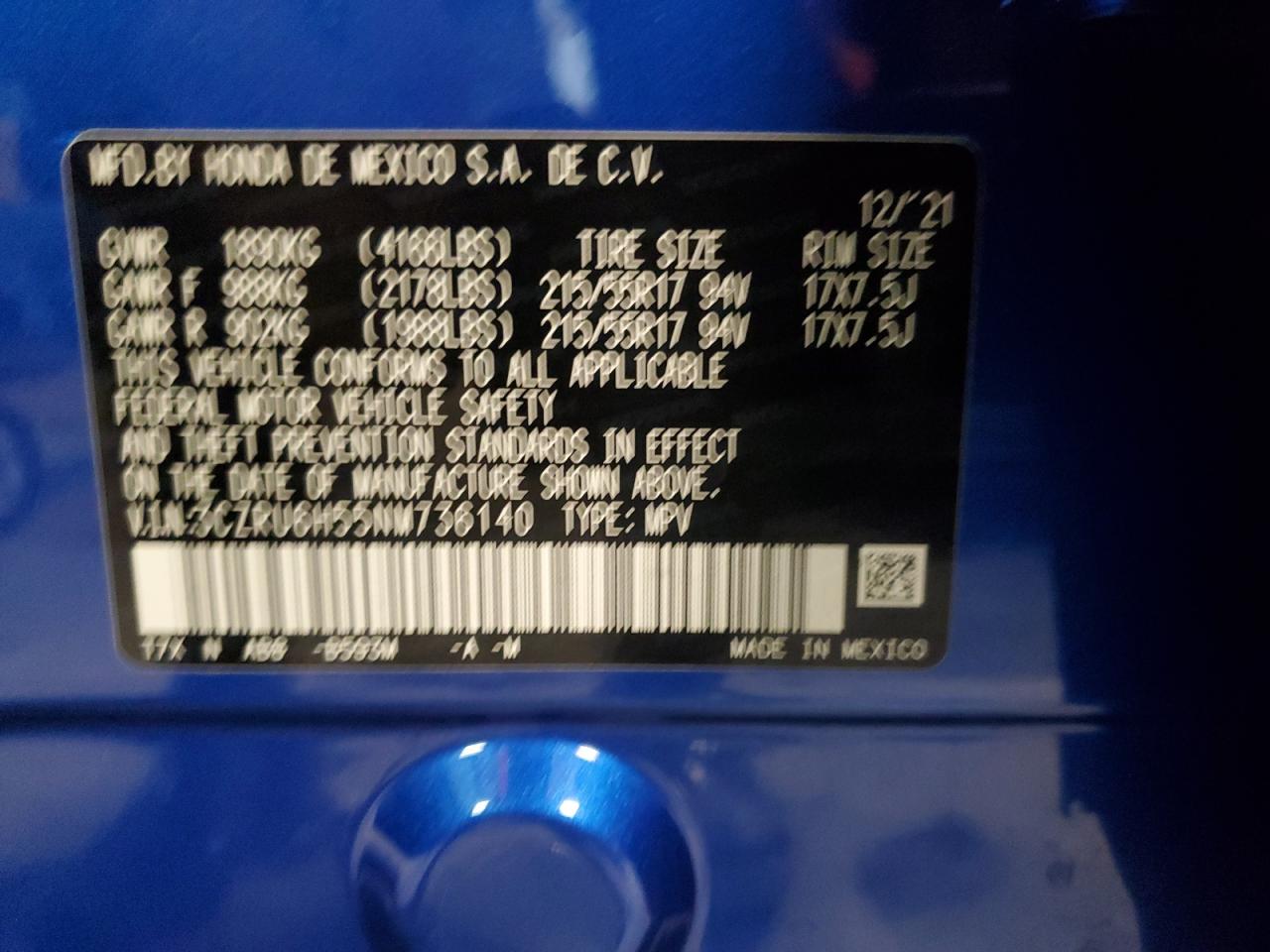 2022 HONDA HR-V EX VIN:3CZRU6H55NM736140