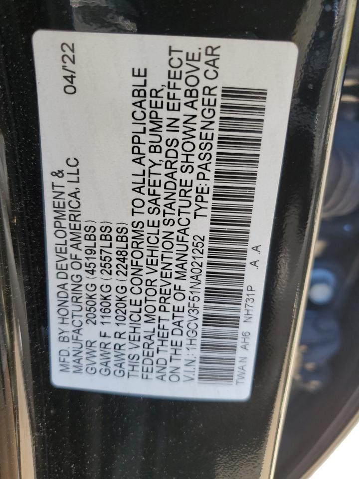 2022 HONDA ACCORD HYBRID EXL VIN:1HGCV3F51NA021252