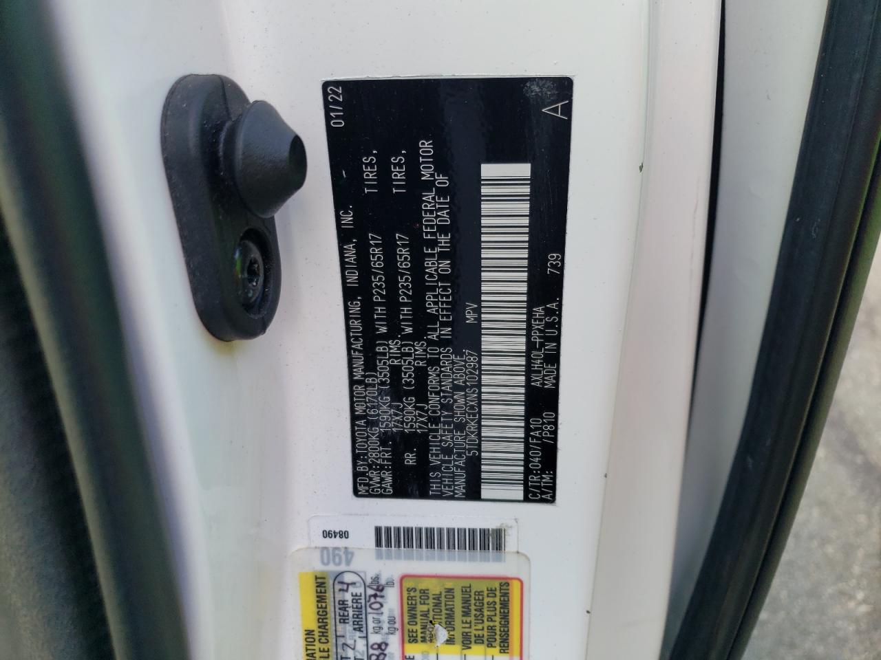 2022 TOYOTA SIENNA LE VIN:5TDKRKECXNS102987