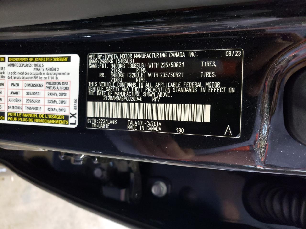 2023 LEXUS RX 350 BASE VIN:2T2BAMBA6PC020946