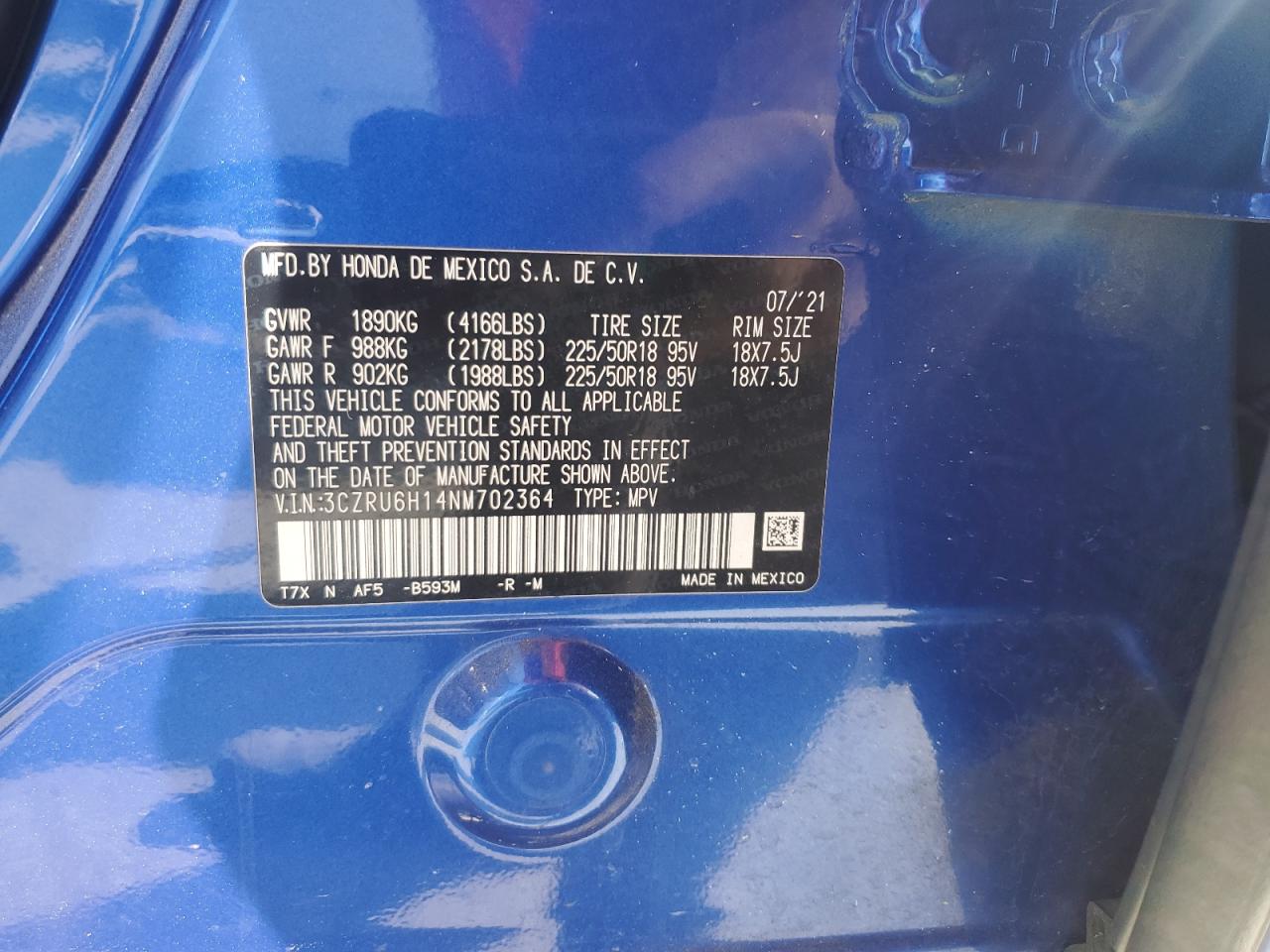 2022 HONDA HR-V SPORT VIN:3CZRU6H14NM702364