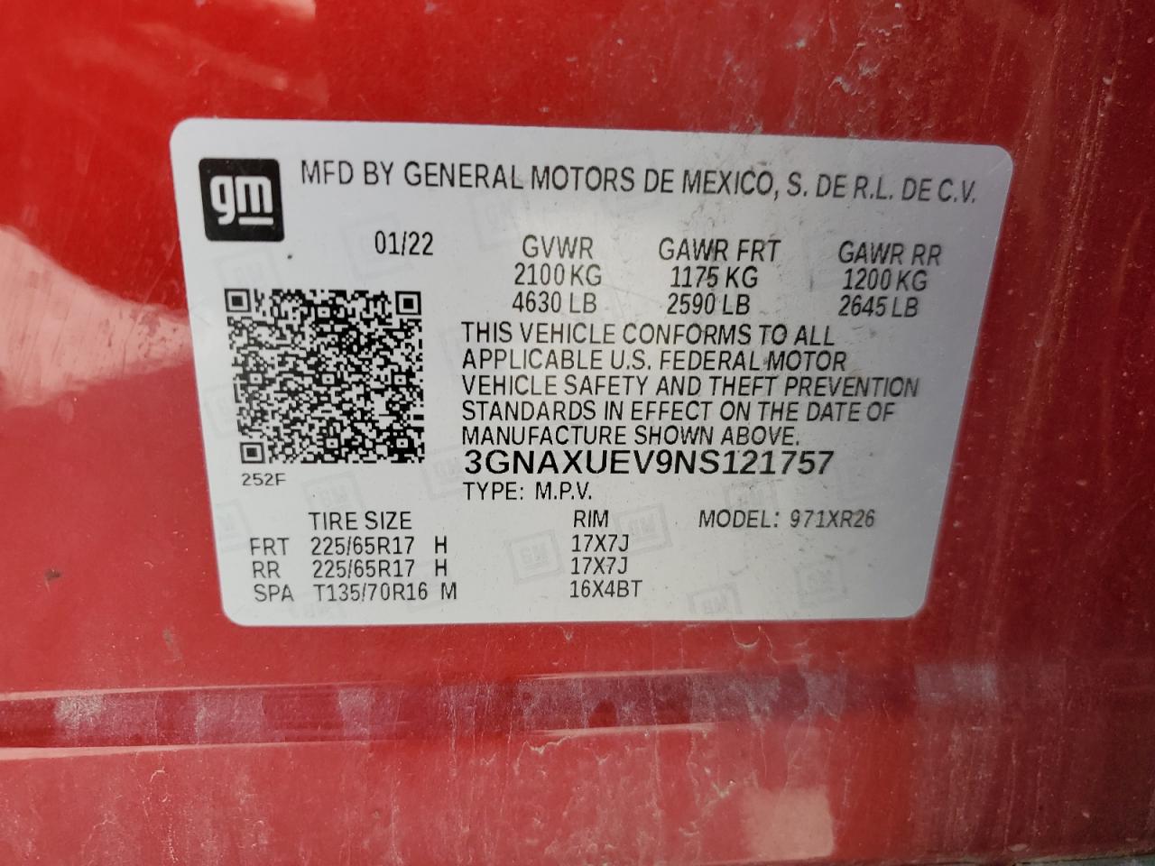 2022 CHEVROLET EQUINOX LT VIN:3GNAXUEV9NS121757