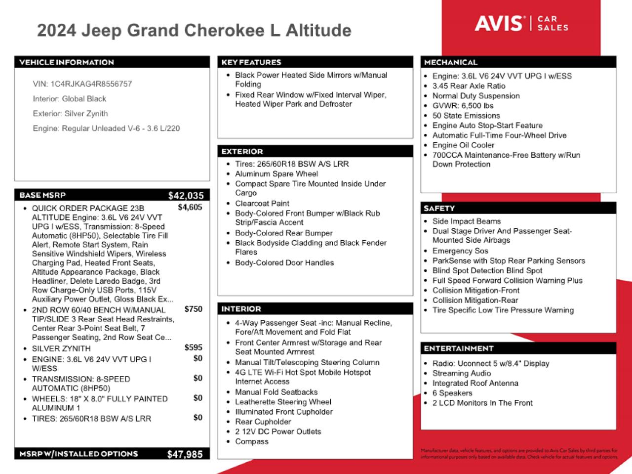 2024 JEEP GRAND CHEROKEE L LAREDO VIN:1C4RJKAG4R8556757