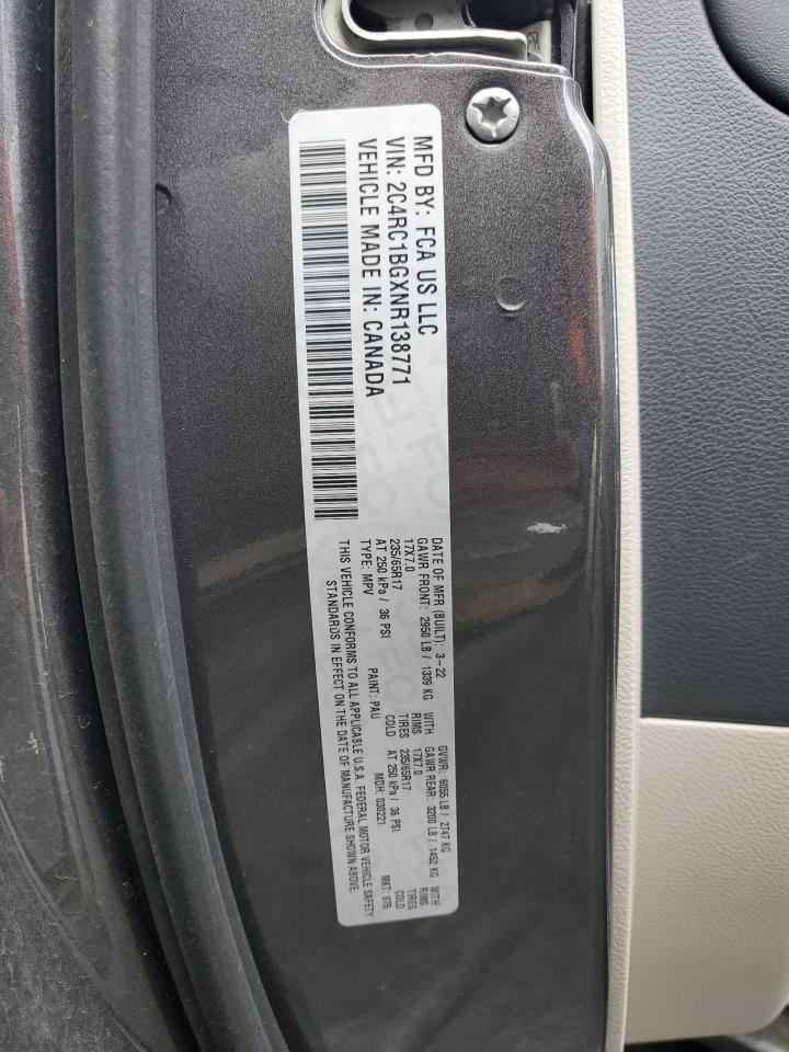 2022 CHRYSLER PACIFICA TOURING L VIN:2C4RC1BGXNR138771
