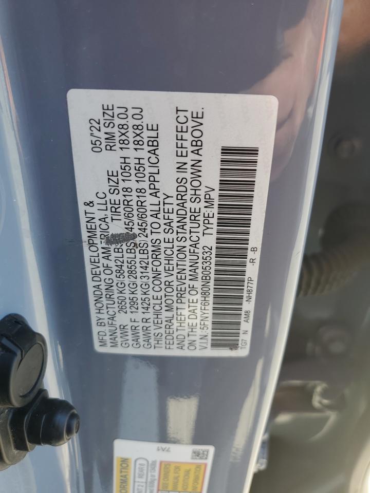 2022 HONDA PILOT TRAILSPORT VIN:5FNYF6H80NB053532