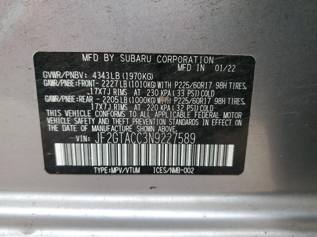 2022 SUBARU CROSSTREK PREMIUM VIN:JF2GTACC3N9227589