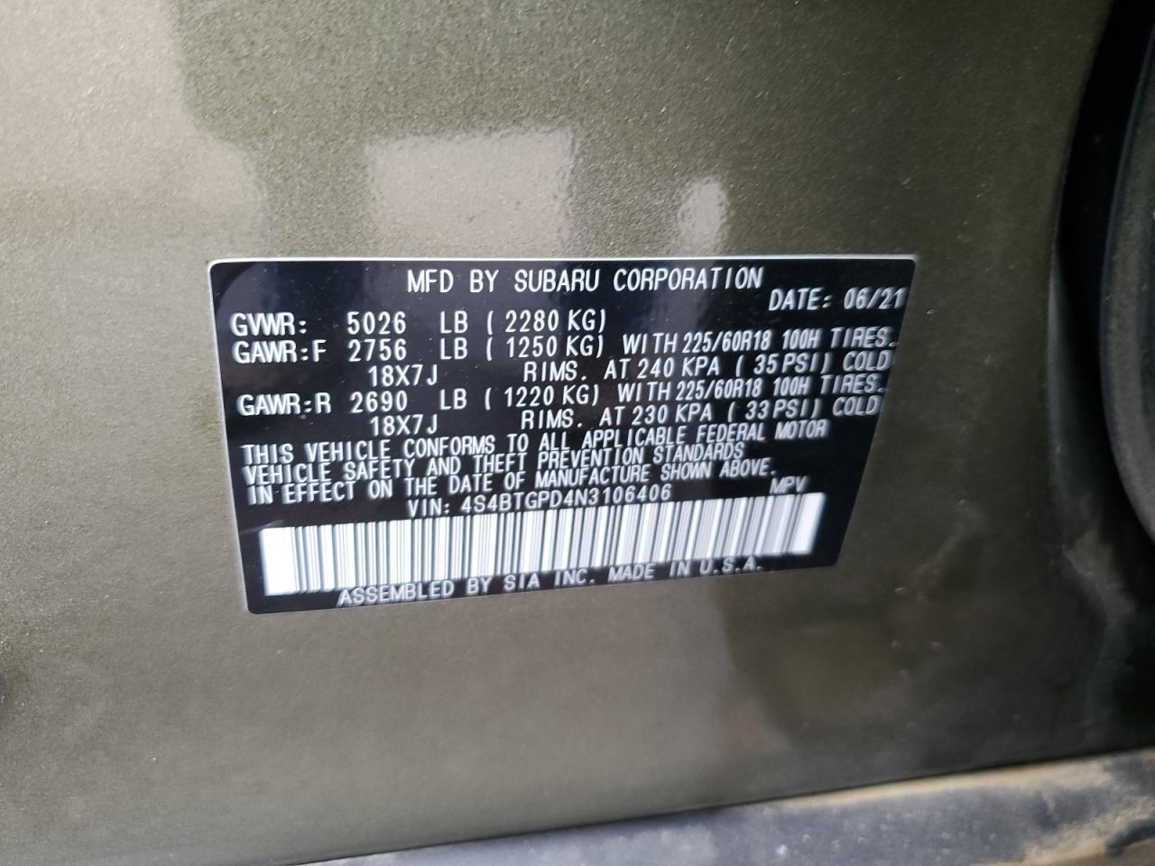 2022 SUBARU OUTBACK TOURING VIN:4S4BTGPD4N3106406