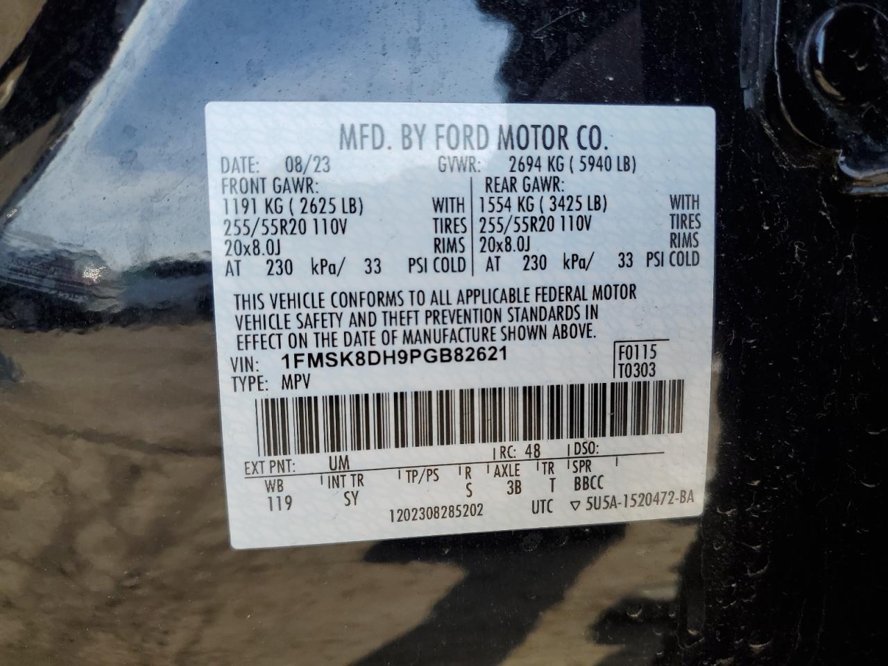 2023 FORD EXPLORER XLT VIN:1FMSK8DH9PGB82621